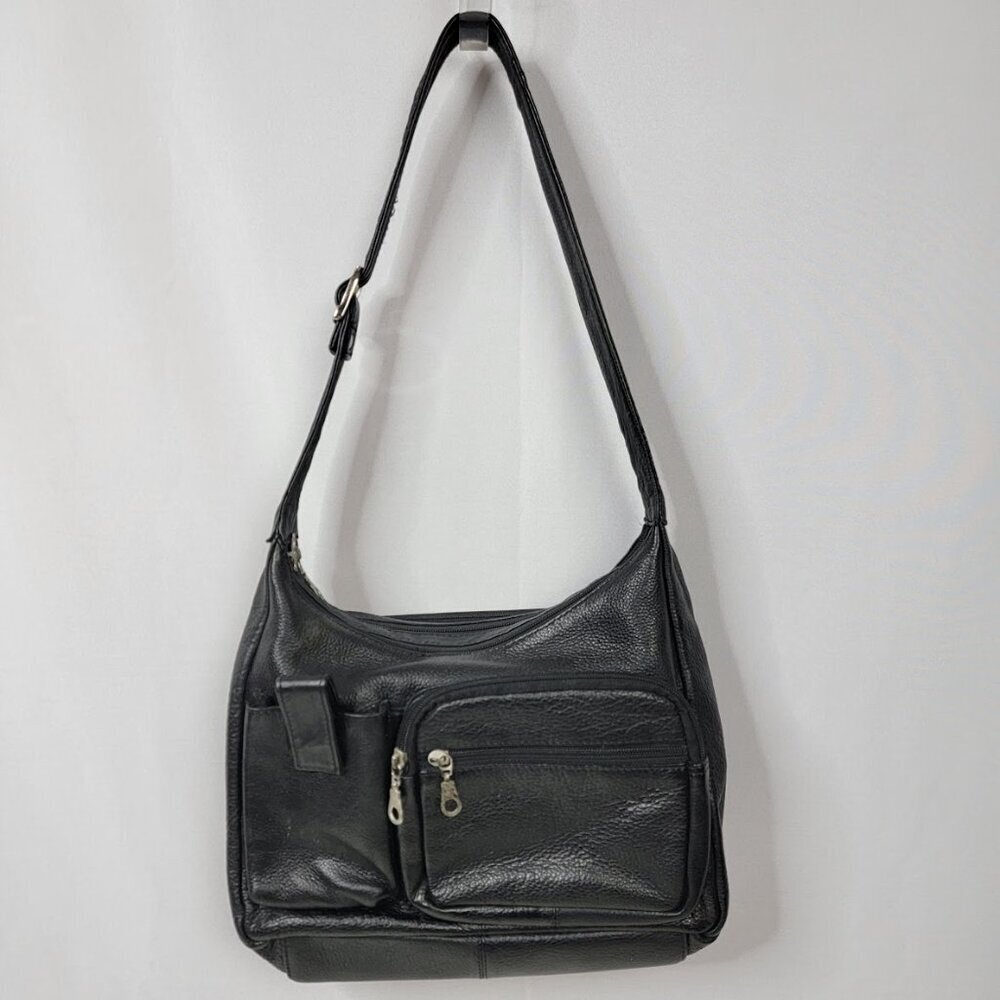 Genuine Leather Black Shoulder Bag | Multi Pocket Crossbody Purse